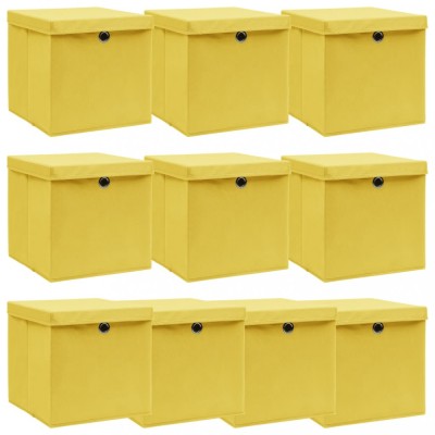 Cutii depozitare cu capace 10 buc. galben, 32x32x32 cm, textil foto