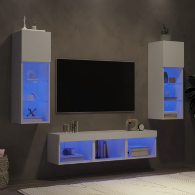 Unități de perete TV cu LED-uri, 5 piese, alb, lemn prelucrat foto