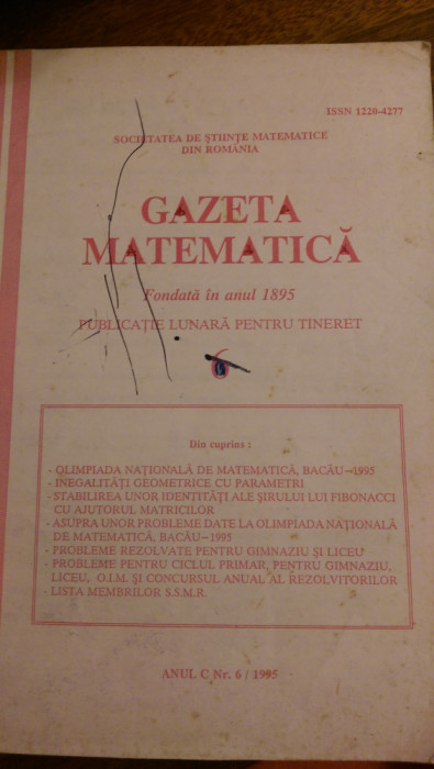 Gazeta matematica nr.6/1995 + Supliment gazeta matematica teste admitere cls.IX