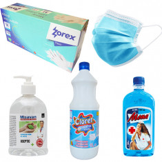 Set produse pentru protectie si igienizare, masti, manusi, gel igienizant, clor si alcool sanitar foto