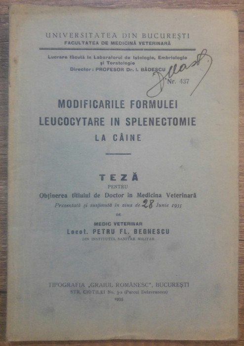 Modificarile formulei leucocytare in splenectomie la caine/ 1935
