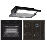 Pachet cuptor electric, plita gaz si hota telescopica Trio Mirage Iseo Black Studio Casa, 56 l, Clasa energetica A, 6 functii, 4 arzatoare gaz, 2 moto