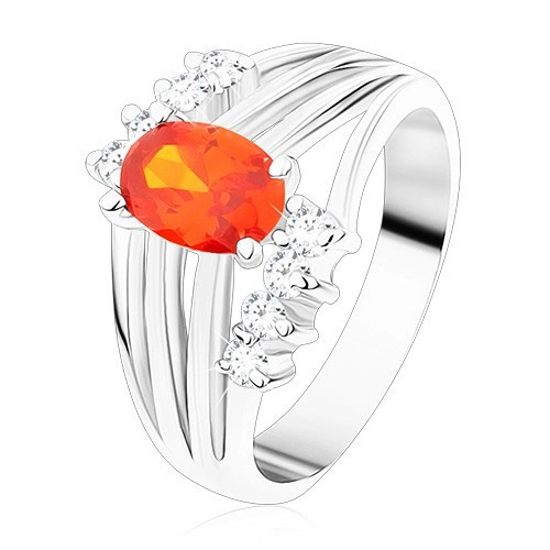 Inel argintiu, zirconiu oval portocaliu, benzi lucioase, zirconii transparente - Marime inel: 50