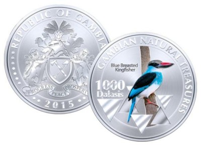 Gambia 1000 Dalasis 2015 Halcyon Pasare Albastru UNC 40mm foto