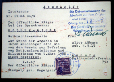 P.197 GERMANIA ABSCHRIFT WEIHNACHTS-AMNESTIE COBURG-STADT 1.4.1947 ALICE R&amp;Uuml;BSAM foto