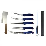 Cumpara ieftin Pachet profesional pentru macelarie, dezosat, injunghiat, transat, filetat, 5 cutite, suport magnetic, masat pentru ascutit, satar