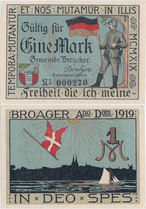 1919, 1 Mark (Grabowski &amp; Mehl 188.1a-2/2) - Germania (Danemarca) - stare UNC