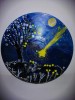 Mandala albastru negru rotunda pom si flori in noapte cu stea cazatoare pictat manual acrylic pictura cu puncte decor perete pe disc vinil uzat 12&rdquo;