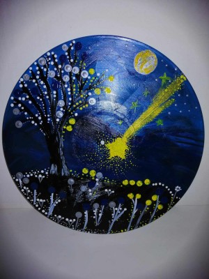 Mandala albastru negru rotunda pom si flori in noapte cu stea cazatoare pictat manual acrylic pictura cu puncte decor perete pe disc vinil uzat 12&amp;rdquo; foto