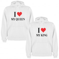 Set 2 Hanorace cuplu I love My King si I love My Queen, alb/negru foto