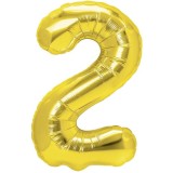 Balon din folie metalizata flippy, figurina cifra, tema aniversare 40 cm, ambalaj individual, pai inclus, umflare cu aer sau heliu, auriu, cifra 2