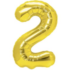 Balon din folie metalizata flippy, figurina cifra, tema aniversare 40 cm, ambalaj individual, pai inclus, umflare cu aer sau heliu, auriu, cifra 2