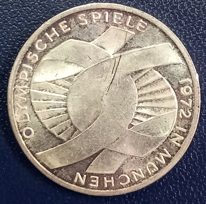 (A1036) MONEDA DIN ARGINT GERMANIA - 10 MARK 1972, LIT. F, OLIMPIADA DE LA MUNCHEN