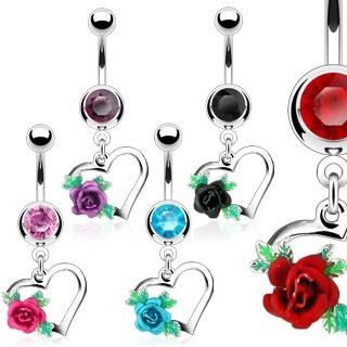 Piercing pentru buric din oțel, contur inimă, trandafir &amp;icirc;nflorit cu frunze, zirconii - Culoare zirconiu piercing: Mov - A foto
