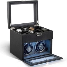 Cutie intors ceasuri iUni, Watch Winder 2 + 8 spatii depozitare, Piele ecologica, Negru-Gri