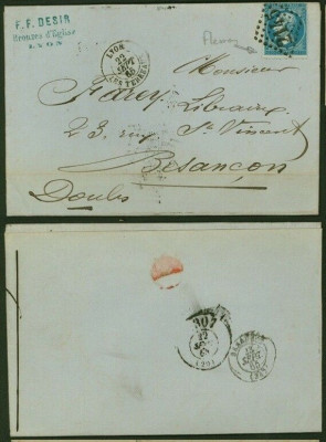 France 1865 Postal History Rare Old Cover + Content Lyon to Besancon DB.519 foto