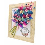 Tablou cu buchet flori in rama din licheni, frunze fosilizate si plante naturale criogenate si uscate, Eventissimi, Personalizabil, Multicolor predomi
