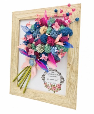 Tablou cu buchet flori in rama din licheni, frunze fosilizate si plante naturale criogenate si uscate, Eventissimi, Personalizabil, Multicolor predomi foto