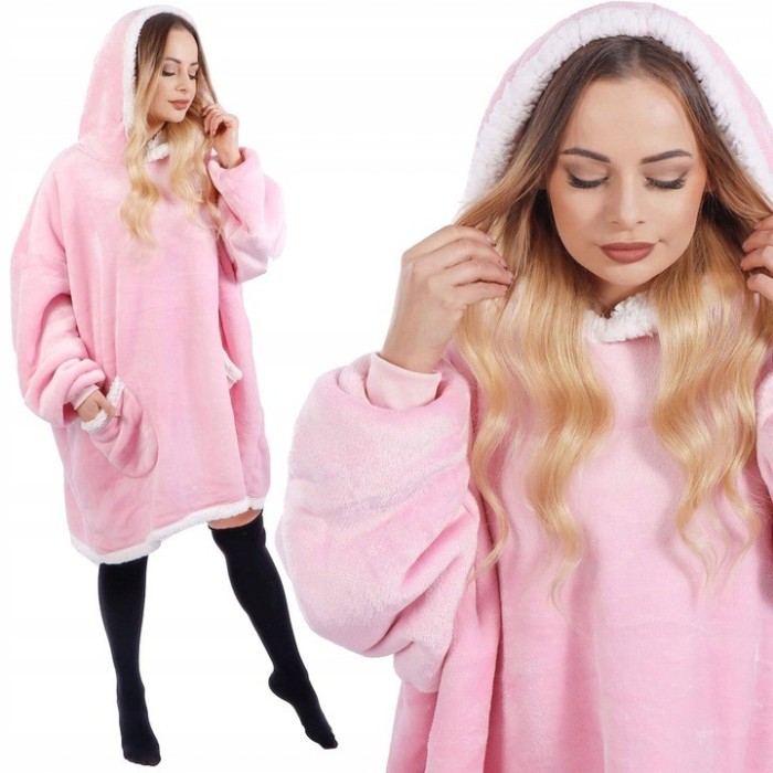 Patura tip hanorac, cu maneci, gluga si buzunare, material plus, marime universala, roz Household NewTrend