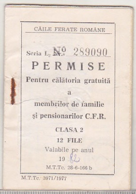 bnk div CFR - Permise pentru calatorie gratuita - cls 2 - 1982 foto