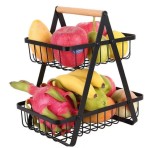 Cos pentru fructe, din Metal Lemn, cu 2 rafturi, 32x30x18 cm, Negru, TopBazar