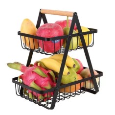 Cos pentru fructe, din Metal Lemn, cu 2 rafturi, 32x30x18 cm, Negru, TopBazar