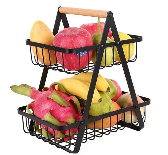 Cos pentru fructe, din Metal Lemn, cu 2 rafturi, 32x30x18 cm, Negru, TopBazar
