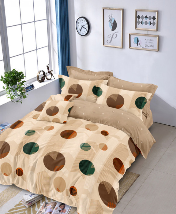 Lenjerie de pat matrimonial cu husa elastic pat si fata perna dreptunghiulara, Lisbet, bumbac mercerizat, multicolor