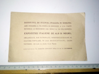 INVITATIE EXPOZITIE - 13 DEC 1937 - ISTITUTUL DE CULTURA ITALIANA IN ROMANIA foto