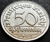 Moneda istorica 50 PFENNIG - IMPERIUL GERMAN, anul 1922 * cod 5378 - litera D = UNC