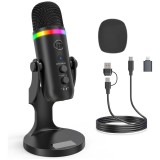 Cumpara ieftin Microfon Profesional K66 cu USB, RGB, Mute, Suport Detasabil, Cardioid, Zgomot Redus, Streaming, Gaming, Podcast, Windows, Mac, PS4/PS5, Negru