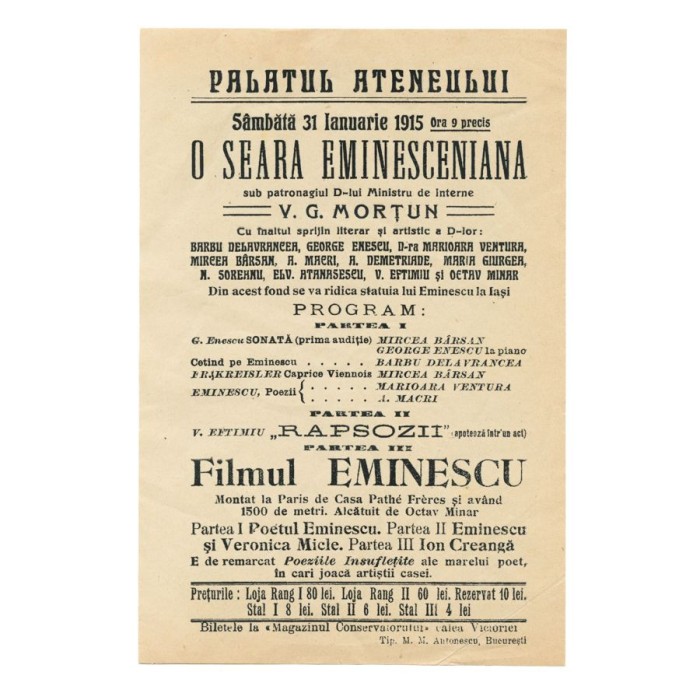 Afișul evenimentului &bdquo;O seară eminesciană&rdquo;, cu proiecția filmului &bdquo;Eminescu, Veronica, Creangă&rdquo;, piesă rară