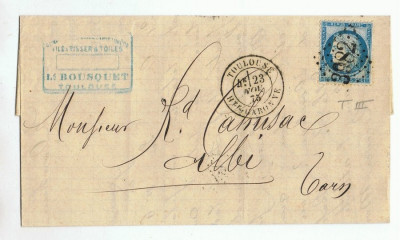 France 1875 Old Cover + Content GC 3982 TYPE 17 BIS TOULOUSE to ALBI DB.021 foto