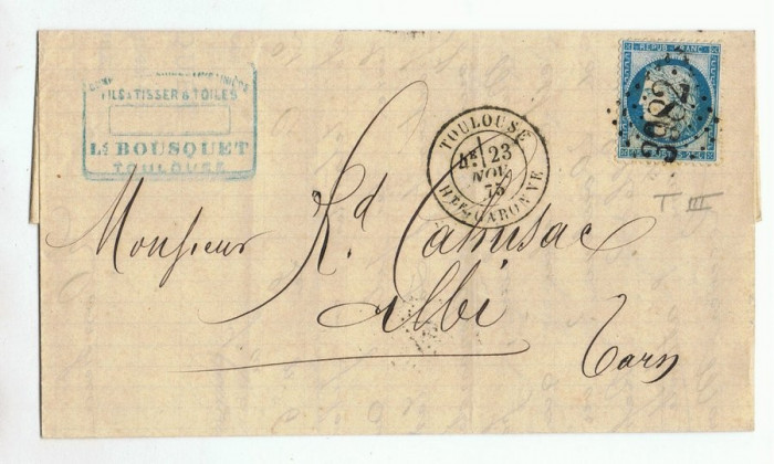France 1875 Old Cover + Content GC 3982 TYPE 17 BIS TOULOUSE to ALBI DB.021