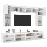 VidaXL Set comode TV de perete, 8 piese, cu lumini LED, alb
