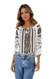 Bluza dama RA25 alb/maro , marimea 3XL, Casual, Bumbac