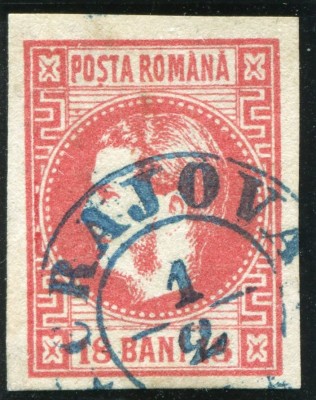 1868 , Lp 24 , Carol I cu favoriti 18 Bani rosu - stampila albastra timp CRAIOVA foto