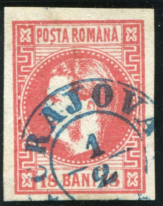 1868 , Lp 24 , Carol I cu favoriti 18 Bani rosu - stampila albastra timp CRAIOVA