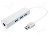 Hub USB 3.0 DIGITUS cu 3 porturi USB A și RJ45, gri, 0.2m, PnP