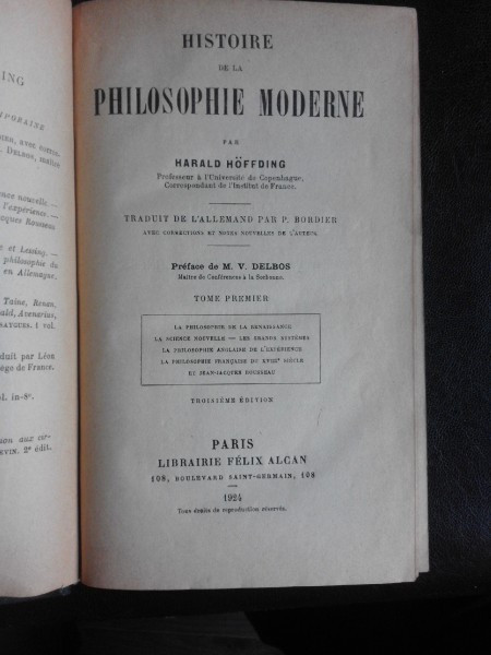 Histoire de la philosophie moderne - Harald Hoffding vol.I (carte in limba franceza)