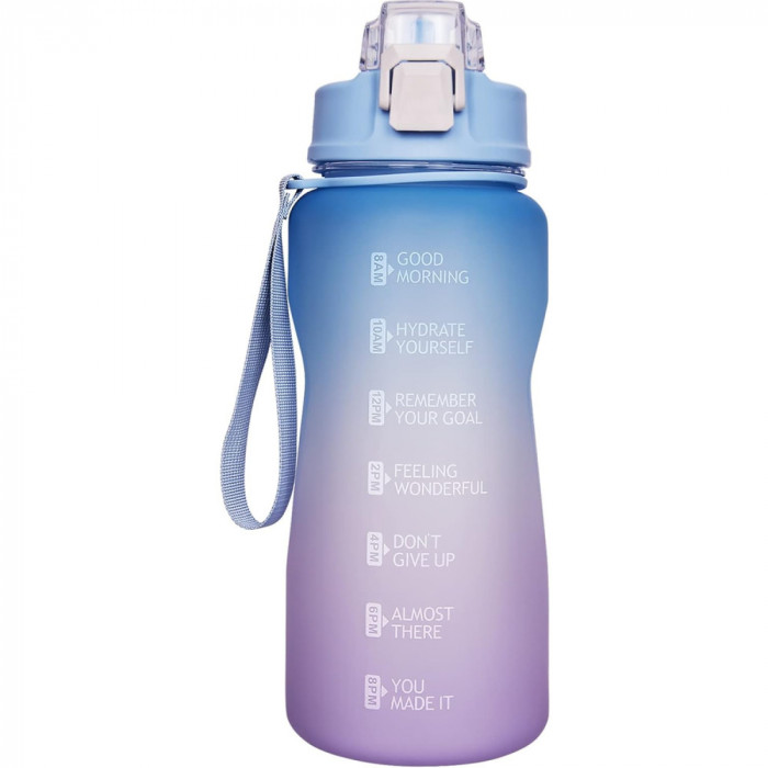 Bidon pentru apa de 2 litri, cu pai, marcaje de timp si mesaje motivationale, din plastic de inalta calitate, fara BPA, inchidere ermetica, usor de cu