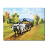 Tablou celebru Carul cu boi pictat manual, 50x40cm ulei panza, reproducere Nicolae Grigorescu, Constantin Feraru