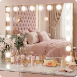 Oglindă de machiaj Hollywood aurie, 58x48cm, cu suport, 15 LED-uri, lumină reglabilă, difuzor Bluetooth și mărire 10X