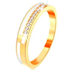Inel din aur galben de 14K - linii înguste din zirconii transparente şi email alb - Marime inel: 59
