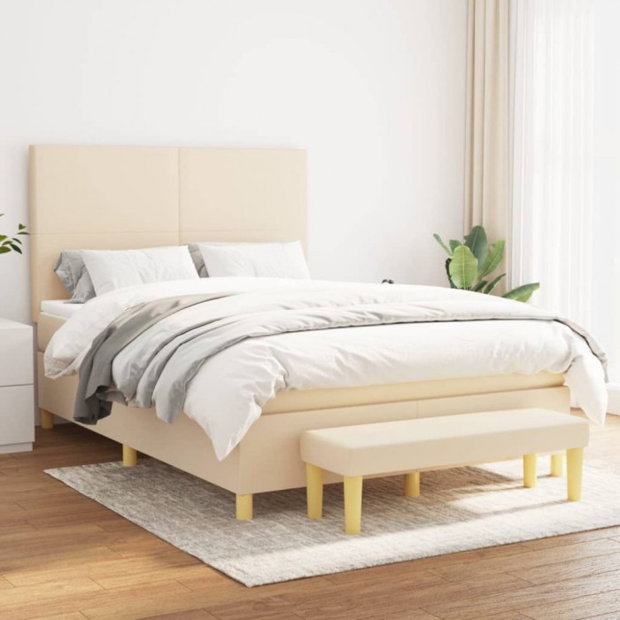 vidaXL Pat continental cu saltea, crem, 140x200 cm, material textil 3137002
