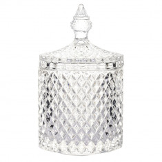 Bomboniera eleganta Pufo Luxury din sticla cu capac, 17 cm, transparent