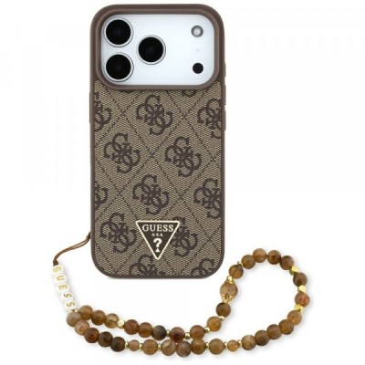 Husa MagSafe pentru Apple iPhone 17 Pro, Guess, 4G Triangle Logo with Pearl Strap, Maro foto