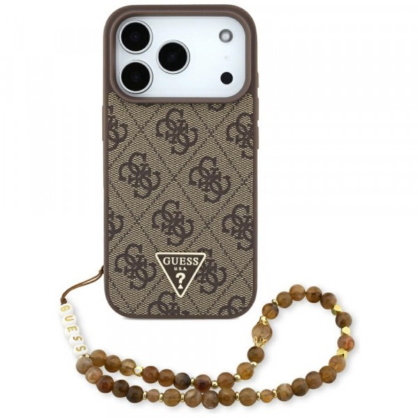 Husa MagSafe pentru Apple iPhone 17 Pro, Guess, 4G Triangle Logo with Pearl Strap, Maro
