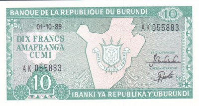 Bancnota Burundi 10 Franci 1989 - P33b UNC foto