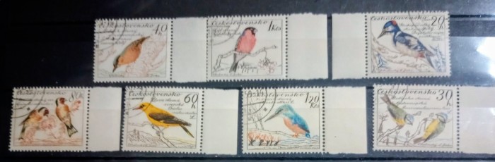 Cehoslovacia 1959 păsări ciocănitoare pițigoi pescăruș albastru serie 7v stampilata